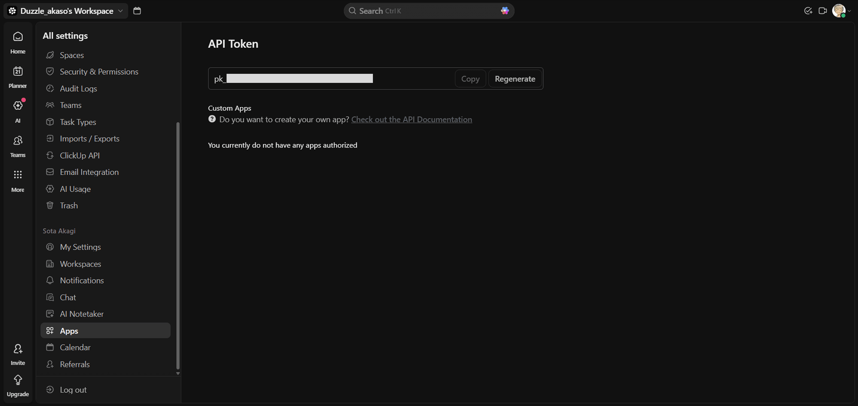ClickUp Settings Page - API Key