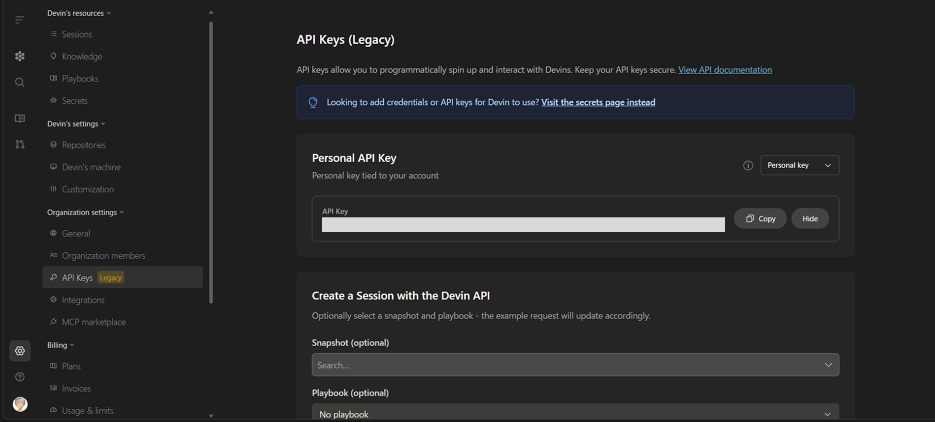 Devin Settings Page - API Key